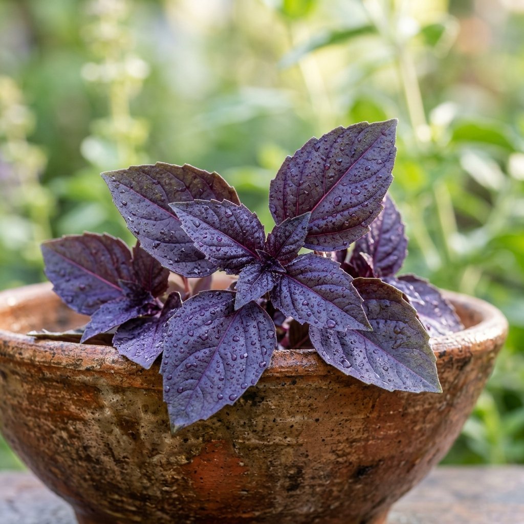 Hojas frescas de albahaca morada sagrada